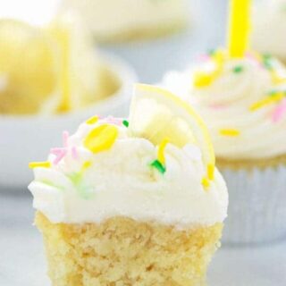 Gluten Free Lemon Cupcakes with Cream Cheese Frosting - these are full of lemon flavor with the perfect cake texture! Recipe from @whattheforkblog | whattheforkfoodblog | gluten free cupcakes | gluten free desserts | gluten free baking | gluten free cake recipes | birthday cake ideas | cupcake recipes | lemon desserts