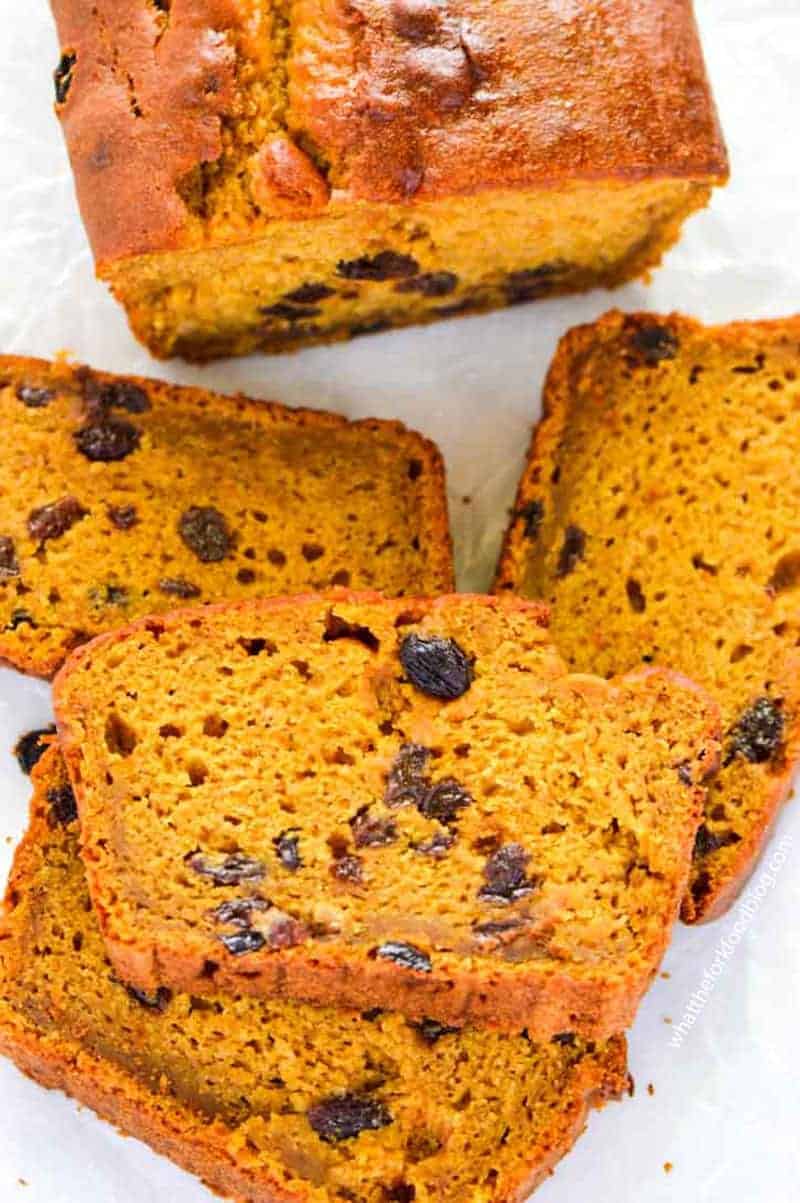 This is the best gluten free pumpkin recipe! It's a classic made with raisins (which are optional) and made with full can of pumpkin. This is a fall must-make! Easy gluten free recipe from @whattheforkblog | whattheforkfoodblog.com | pumpkin recipes | gluten free bread recipes | classic pumpkin bread | gluten free baking | gluten free breakfast recipes | quick bread recipes | pumpkin puree | dairy free recipes | recipes with pumpkin #glutenfree #pumpkinbread