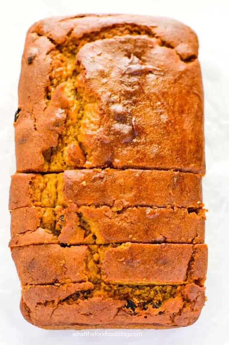 Top view of a homemade loaf of pumpkin bread