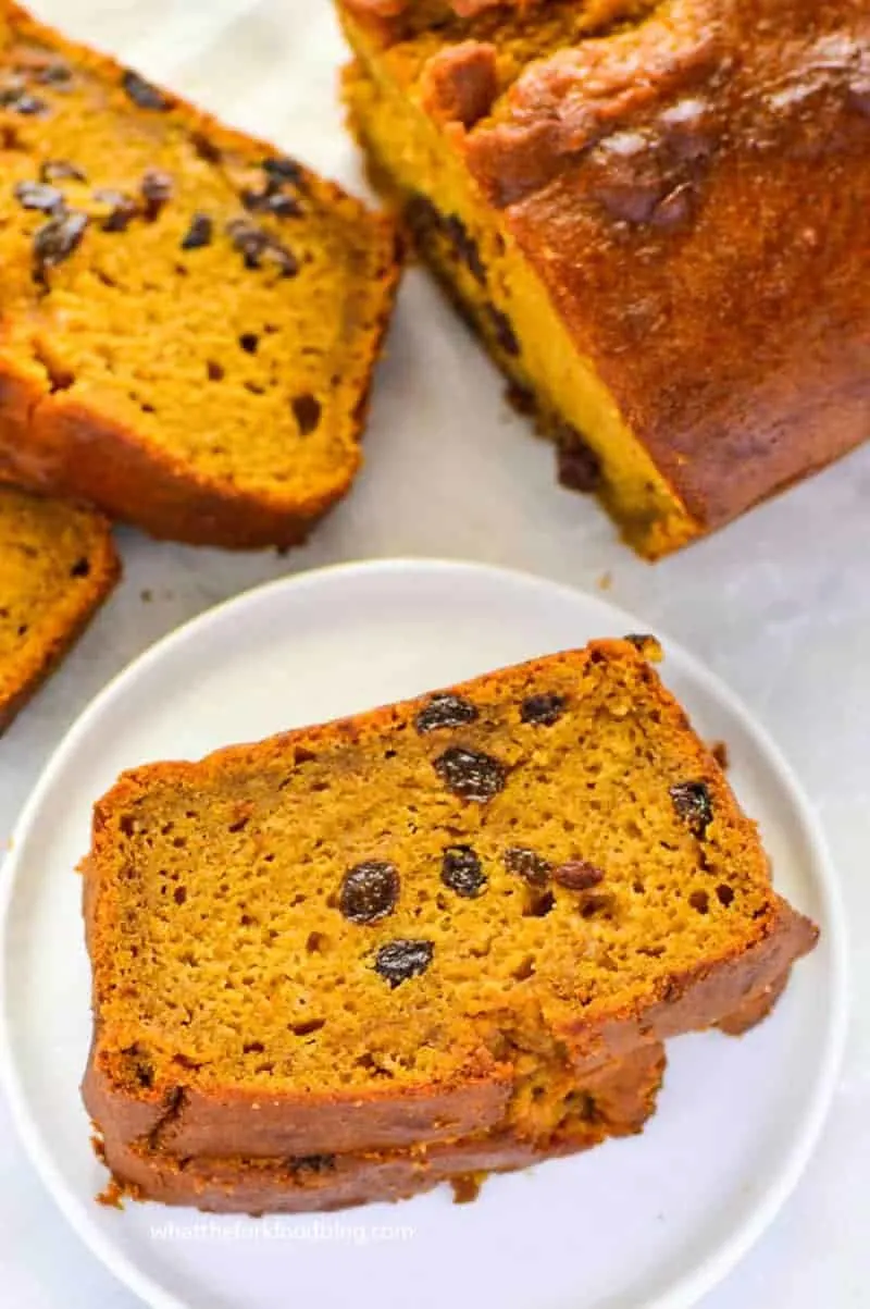 Two delicious slices of moist pumpkin bread that is gluten free