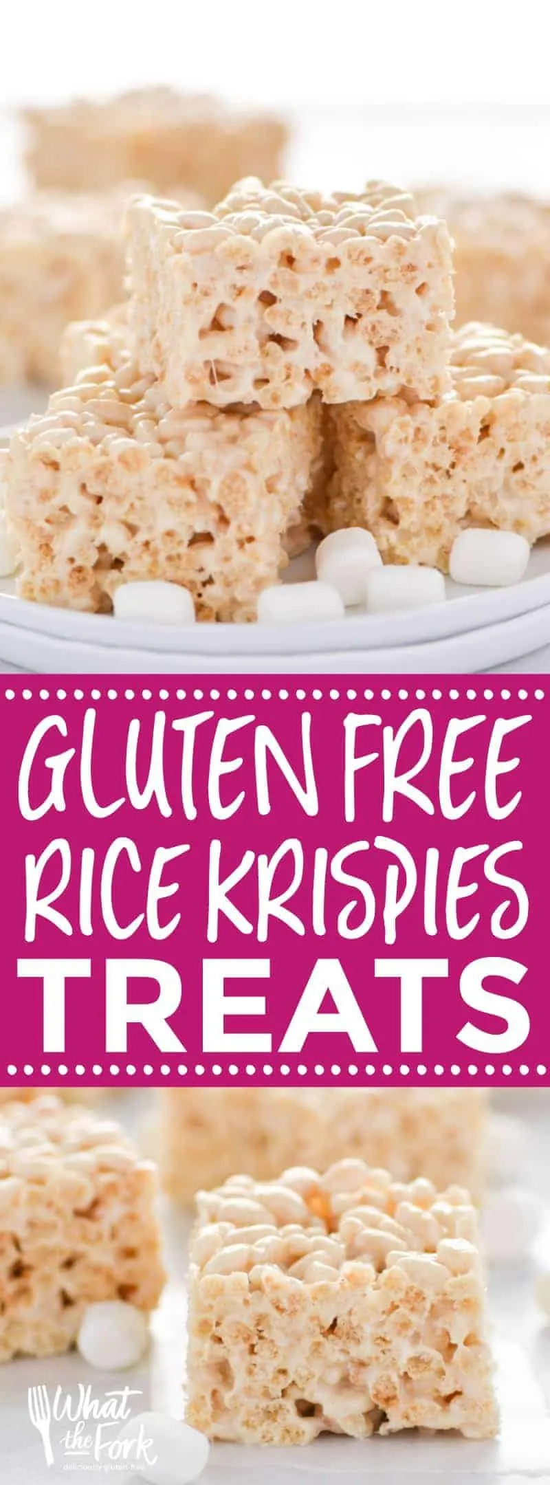 Classic Gluten Free Rice Krispies Treats - these are a crowd-pleasing favorite! They're so easy to make and have such a great gooey marshmallow to cereal ratio - they're simply addicting! Dessert recipe from @whattheforkblog | whattheforkfoodblog.com | gluten free desserts | no-bake dessert recipes | how to make rice krispie treats | gluten free no-bake recipes | easy dessert recipes | homemade rice krispies treats | marshmallow recipes | desserts for a bake sale | classic dessert recipes