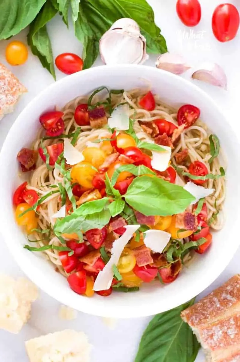 Top view of a bowl of simple summer spaghetti that is gluten free