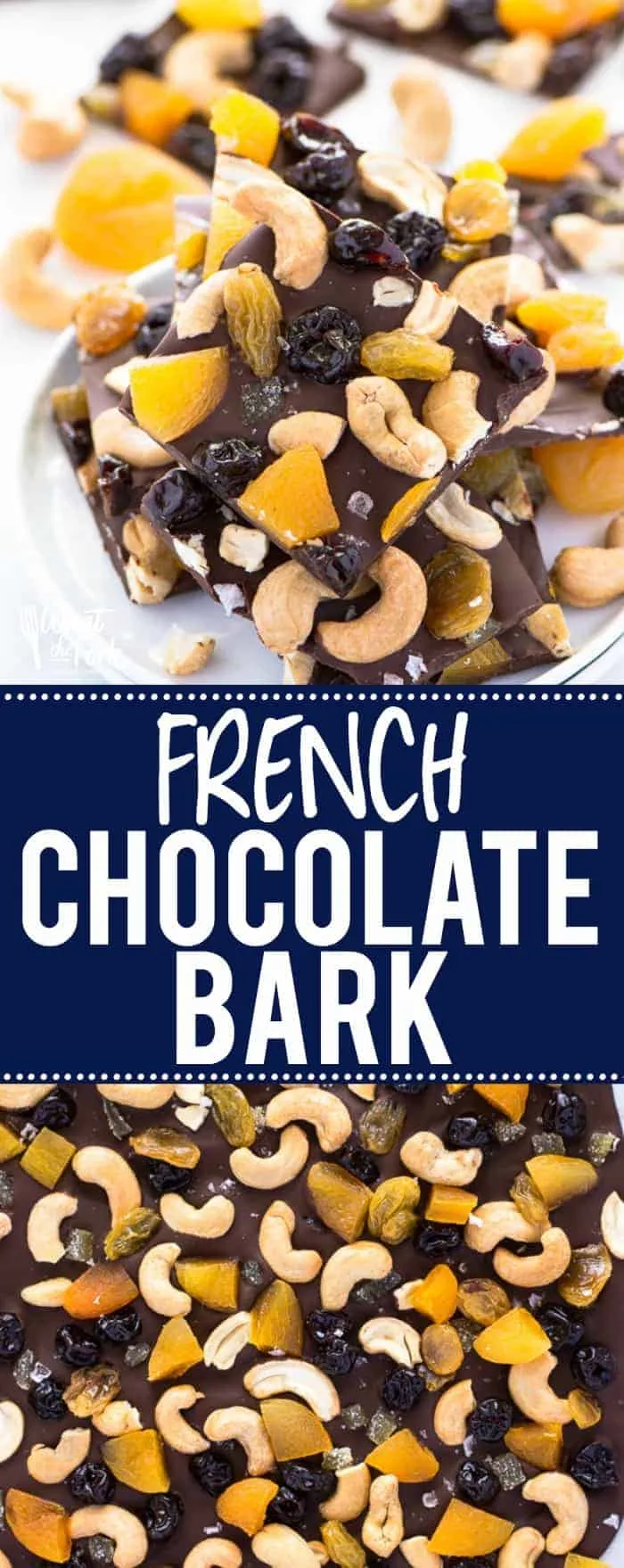 Ina Garten's French Chocolate Bark recipe - an easy to make no-bake dessert! It's also a homemade candy that doesn't require using a candy thermometer! Recipe via @whattheforkblog | whattheforkfoodblog.com | homemade bark | homemade candy | homemade gifts | how to make chocolate bark | easy dessert recipes | chocolate recipes