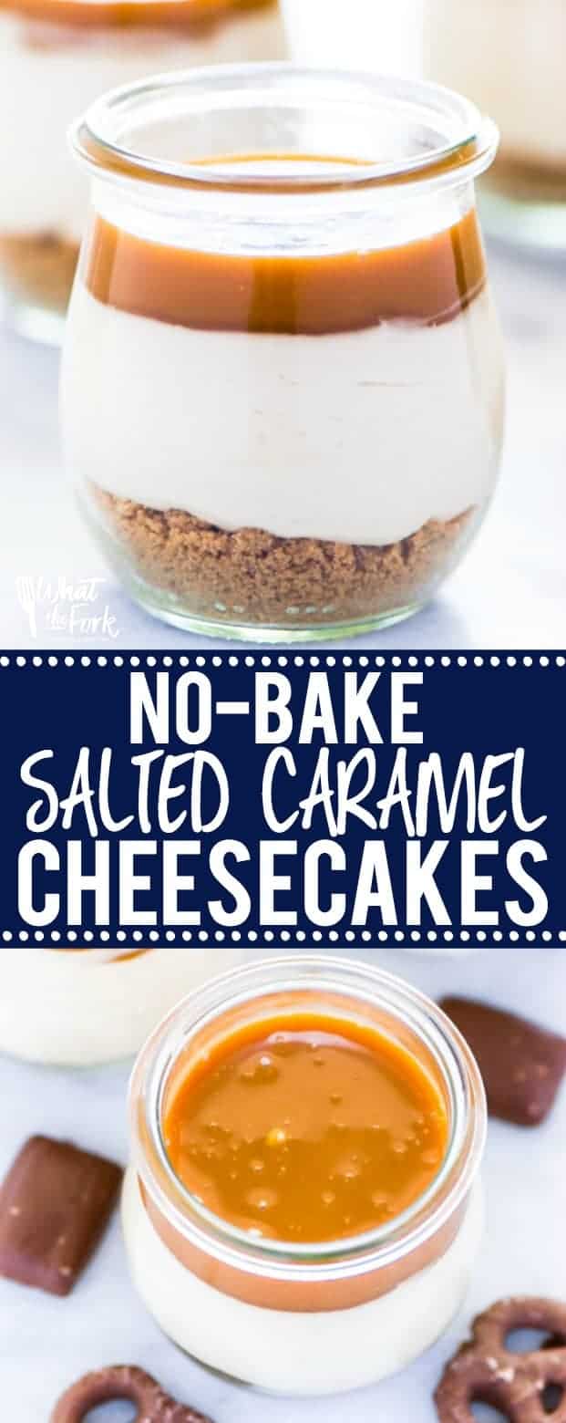 These Gluten Free Individual No-Bake Salted Caramel Cheesecakes make a great dessert for a smaller dinner party or family dessert. They’re really easy to make and are full of salted caramel flavor! Top them with whipped cream and Heath Bars or chocolate covered pretzels! @whattheforkfoodblog | whattheforkfoodblog.com | Sponsored | easy gluten free desserts | no-bake cheesecake | no-bake dessert recipes #nobake #glutenfree #glutenfreerecipes #easyrecipes #saltedcaramel #dessert #cheesecake