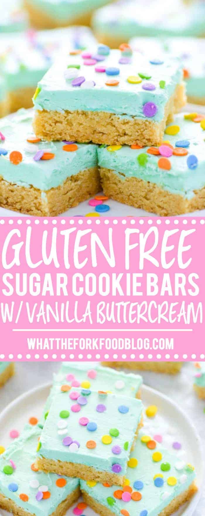 Soft gluten free sugar cookie bars that will bring smiles to the faces of all who eat them! Easier to make than cut out sugar cookies with the same flavor you love. Don’t forget the sprinkles! Recipe from @whattheforkblog | whattheforkfoodblog.com | gluten free dessert recipes | gluten free desserts | easy gluten free sugar cookies | bar cookie recipes | easy gluten free recipes | vanilla buttercream frosting recipe | #glutenfree #easyrecipes #glutenfreedessert #dessert #sugarcookies #barcookies #glutenfreecookies