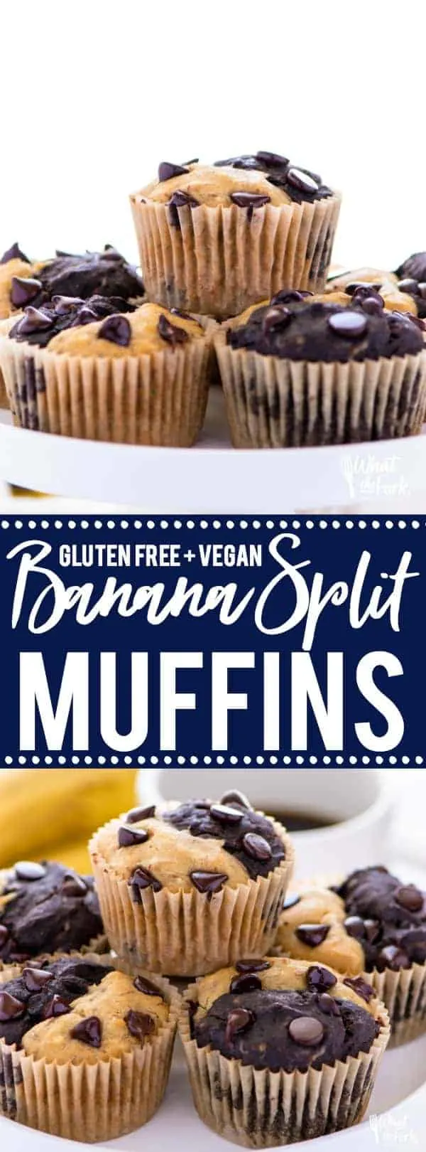 Gluten free vegan banana split muffins are a great way to use up old bananas, especially if you want to try something different from banana bread or banana muffins. This muffin recipe is easy to make, freeze well, and are great for breakfast on busy mornings! @whattheforkblog | whattheforkfoodblog.com | |vegan breakfast recipes | gluten free recipes | easy breakfast recipes | homemade muffins | chocolate muffin recipes | recipes with bananas | #breakfast #muffins #glutenfree #vegan #easyrecipes
