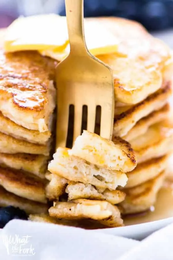 Digging into a stack of gluten free pancakes made from scratch.