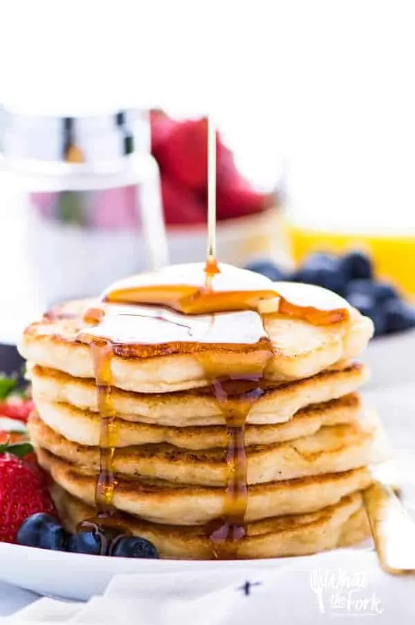 Up close stack of from-scratch gluten free pancakes