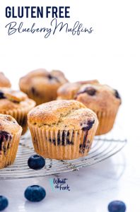 This is a really easy recipe for gluten free blueberry muffins. They’re so tender and full of cinnamon flavor - they’ll quickly become a go-to breakfast recipe! They freeze well too so go ahead and make a double batch! They’re great for busy mornings. Gluten Free breakfast recipe from @whattheforkfblog | visit whattheforkfoodblog.com for more easy gluten free recipes and gluten free muffin recipes | homemade muffins | #glutenfree #dairyfree #muffins #breakfast #easyrecipes #blueberry