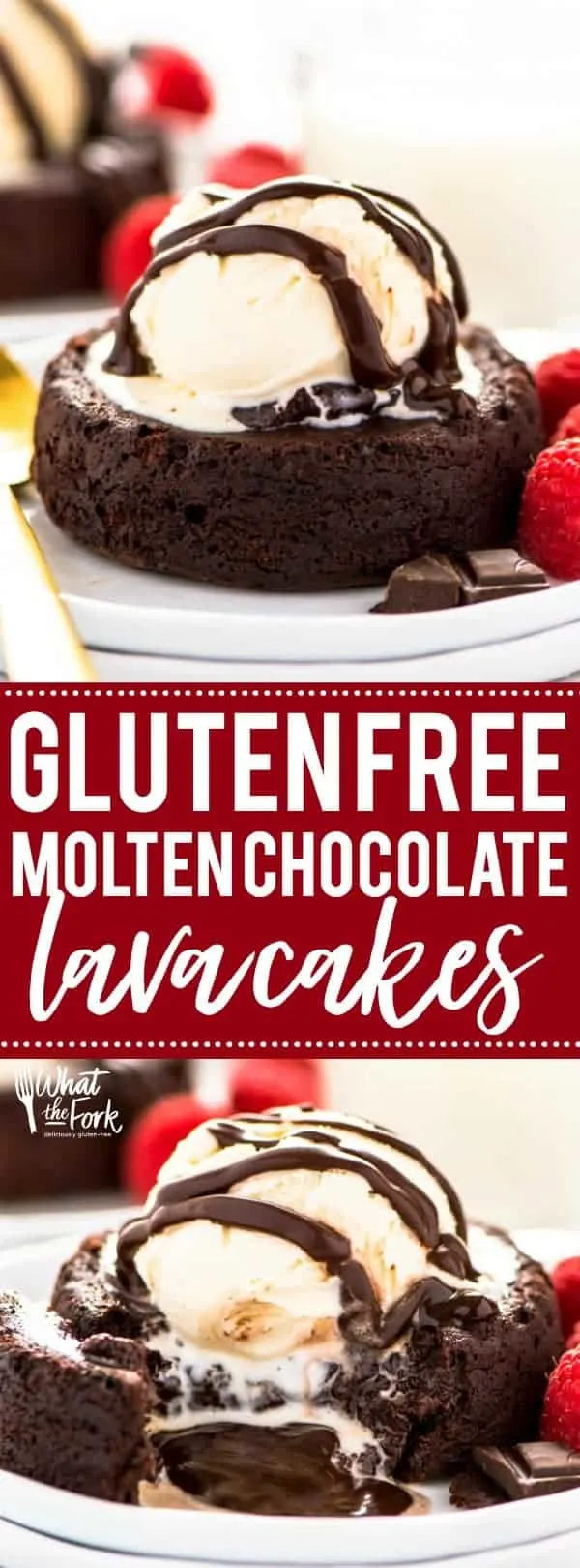 Super easy chocolate dessert recipe alert - gluten free molten chocolate lava cakes! Only a handful of ingredients needed, minimal prep, and minimal baking time. These are perfect for Valentine’s Day or when that chocolate craving strikes! Serves 2 but the recipe can be doubled. Gluten Free dessert recipe from @whattheforkblog | whattheforkfoodblog.com | easy gluten free recipes | chocolate recipes | how to make chocolate lava cakes | small batch desserts | #glutenfree #chocolate #cake #dessert