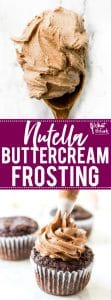 This creamy, dreamy Nutella Buttercream Frosting recipe is the frosting recipe you’ve been missing. It’ll easily replace your standard chocolate buttercream frosting recipe for anything you make. It’s great for spreading or piping on cupcakes, cakes, brownies, or cookies. You’ll love it! Recipe from @whattheforkblog | whattheforkfoodblog.com | easy homemade frosting recipes | how to make Nutella buttercream frosting | how to make frosting with Nutella | #Nutella #chocolate #frosting #dessert