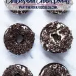 Gluten Free Cookies and Cream Donuts - a baked chocolate cake donut topped with a cream cheese icing and crushed chocolate sandwich cookies. A donut lover’s dream! Perfect for brunch, donut birthday parties, donut walls, or even a donut wedding cake! This recipe is easy to follow with a dairy free option. @whattheforkblog | whattheforkfoodblog.com | gluten free donut recipes | how to make baked donuts | homemade donuts | Oreo donuts | doughnuts #glutenfree #donuts #doughnuts #chocolate #Oreo
