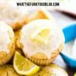 gluten free lemon poppy seed muffin with glaze and lemon slice for garnish