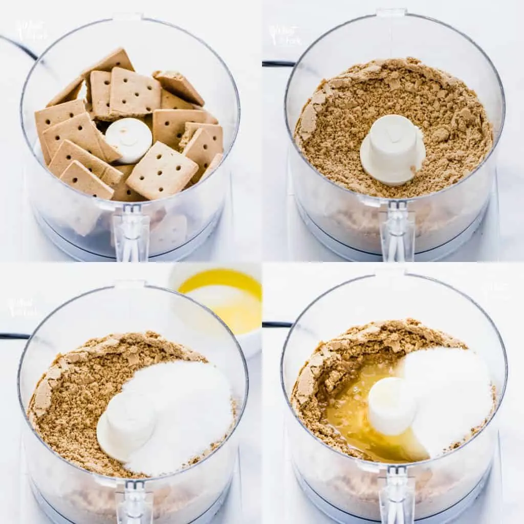 Picture collage to show the steps of how to make a gluten free graham cracker crust