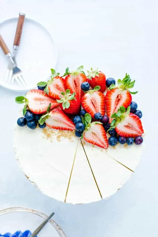 No Bake Cheesecake with fresh berries on a stand