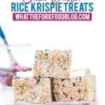 Classic Rice Krispies treats get a fun cake batter makeover complete with gluten free funfetti cake batter mixed right in. These are truly delicious gooey treats with sprinkles in every bite. They’re perfect for birthday parties, holiday parties, and dessert tables for baby showers or bridal showers. Kids and adults will love them! Gluten Free no-bake dessert recipe from @whattheforkblog | more on whattheforkfoodblog.com | #glutenfree #nobake #dessert #easyrecipe #glutenfreerecipes #cakebatter #funfetti #sprinkles #marshmallowtreats #marshmallow #ricekrispietreats