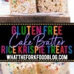 Classic Rice Krispies treats get a fun cake batter makeover complete with gluten free funfetti cake batter mixed right in. These are truly delicious gooey treats with sprinkles in every bite. They’re perfect for birthday parties, holiday parties, and dessert tables for baby showers or bridal showers. Kids and adults will love them! Gluten Free no-bake dessert recipe from @whattheforkblog | more on whattheforkfoodblog.com | #glutenfree #nobake #dessert #easyrecipe #glutenfreerecipes #cakebatter #funfetti #sprinkles #marshmallowtreats #marshmallow #ricekrispietreats