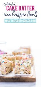 Classic Rice Krispies treats get a fun cake batter makeover complete with gluten free funfetti cake batter mixed right in. These are truly delicious gooey treats with sprinkles in every bite. They’re perfect for birthday parties, holiday parties, and dessert tables for baby showers or bridal showers. Kids and adults will love them! Gluten Free no-bake dessert recipe from @whattheforkblog | more on whattheforkfoodblog.com | #glutenfree #nobake #dessert #easyrecipe #glutenfreerecipes #cakebatter #funfetti #sprinkles #marshmallowtreats #marshmallow #ricekrispietreats