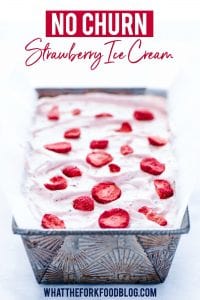 Finished No-Churn Strawberry Ice Cream in a silver rectangle pan