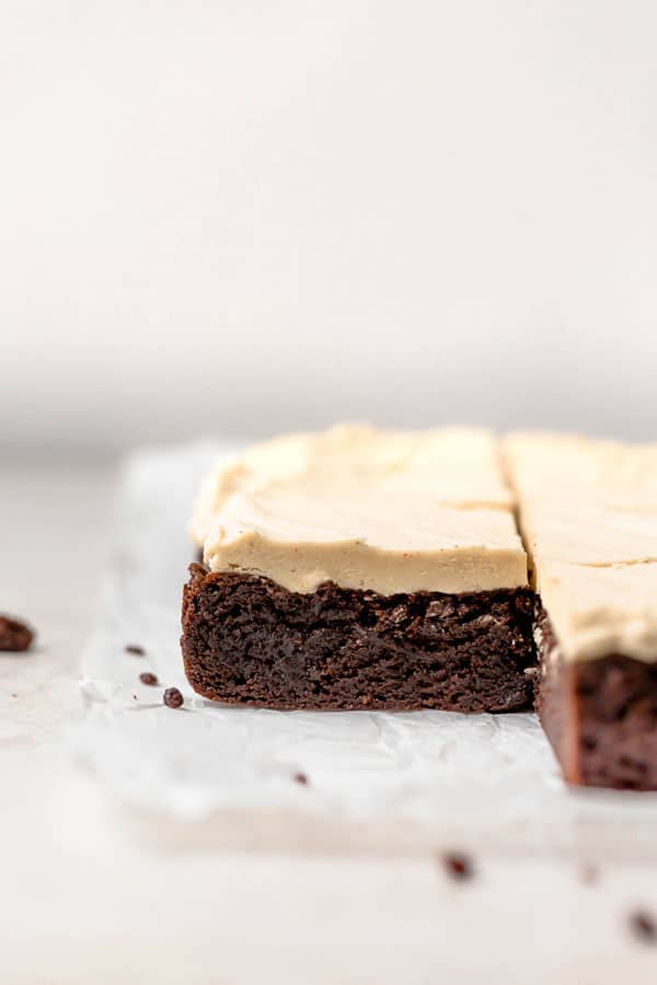 Looking to elevate your brownie experience? Try the gluten free brownies with peanut butter frosting! Rich, chewy, fudgy brownies topped with the creamiest, smoothest peanut butter frosting. Itâ€™s sure to satisfy that sweet tooth! For amazing more gluten Free dessert recipes visit @whattheforkfoodblog whattheforkfoodblog.com | #glutenfree #brownies #peanutbutter #chocolate #glutenfreedesserts #easyrecipes #frosting #buttercream #baking #glutenfreerecipe #glutenfreebaking
