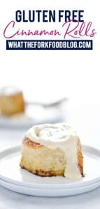 This easy gluten free cinnamon rolls recipe is one that you MUST make! Soft, yeasty rolls with a buttery cinnamon filling and topped with cream cheese icing. Perfect for weekend brunch, breakfast, or holiday brunch! You can even make these gluten free cinnamon rolls dairy free, too! Gluten free bread recipe from @whattheforkblog - visit whattheforkfoodblog.com for more! #glutenfree #cinnamonrolls #brunch #glutenfreebaking #sweetrolls #baking #glutenfreerecipes