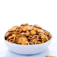 Finished homemade gluten free chex mix recipe in a white bowl