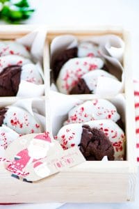 gluten free triple chocolate peppermint cookies in a wood cookie box