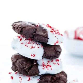 A stack of gluten free triple chocolate peppermint cookies