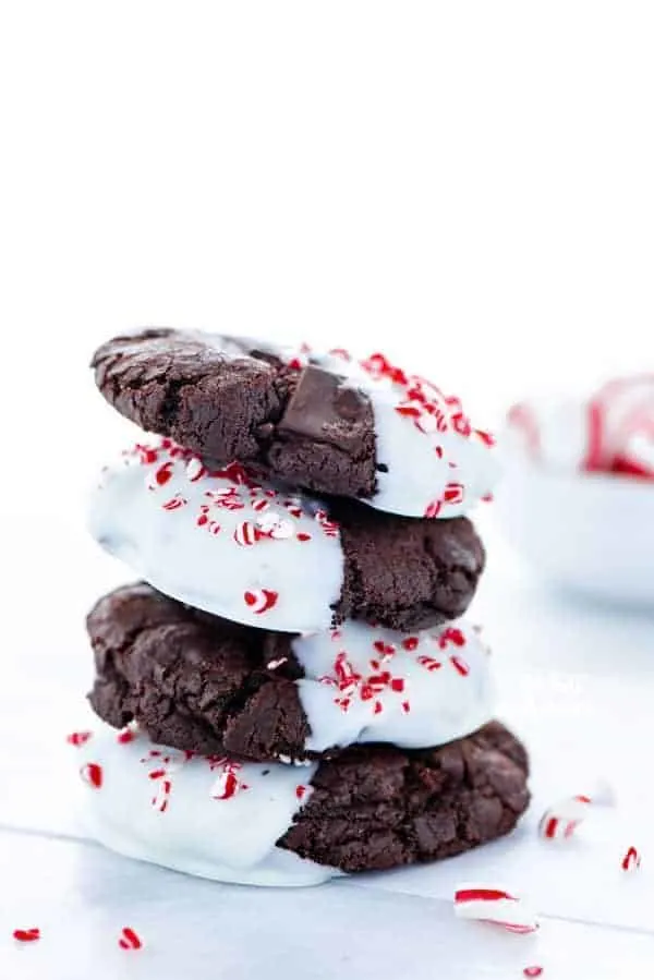A stack of gluten free triple chocolate peppermint cookies