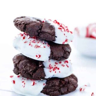 A stack of gluten free triple chocolate peppermint cookies