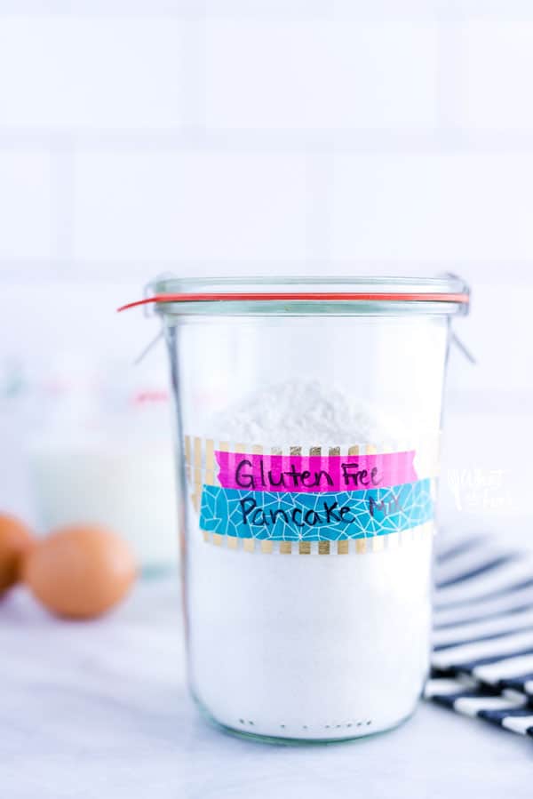 Homemade gluten free pancake mix in a large glass jar