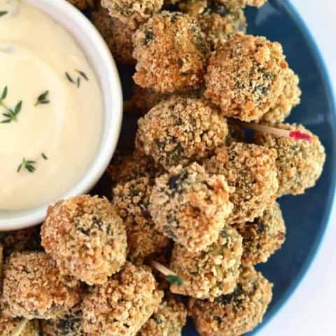 Sausage Stuffed Fried Olives with Garlic Thyme Aioli