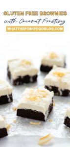 Rich and fudgy gluten free brownies are topped with creamy coconut frosting for the ultimate decadent dessert! These brownies are so full of chocolate and coconut flavor and they just melt in your mouth. Bring them to your next party or potluck! Top them with toasted coconut or toasted coconut chips for the best coconut dessert to make for a crowd. Gluten free brownie recipe from @whattheforkblog - visit whattheforkfoodblog.com for more gluten free dessert recipes! #glutenfree #brownies #coconut