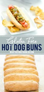 These Homemade Gluten Free Hot Dog Buns are soft and don’t fall apart like store-bought buns. They’re easy to make and worth the effort. They’re great for sausages, brats, tuna boats, or whatever else you want to fill your roll with! Bonus, they even stand up on their own so your hot dogs stays put. Gluten Free Bread recipe from @whattheforkblog - visit whattheforkfoodblog.com for more #glutenfree #glutenfreerolls #glutenfreebread #glutenfreebaking