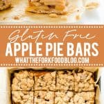 These easy Gluten Free Apple Pie Bars taste just like apple pie but are less work to make! They have a shortbread-like crust, homemade apple pie filling, and crumb topping. The topping is from the same dough as the crust so they’re simple to make! For an even easier version, use a can of apple pie filling! This is a great fall dessert recipe that’s perfect for harvest parties, Halloween parties, and potlucks. Visit whattheforkfoodblog.com for more! #glutenfree #applpie #applerecipes #desserts