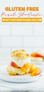 Easy gluten free peach shortcake is made with gluten free drop biscuits that are topped with fresh sweetened peaches and homemade whipped cream. It's the perfect summer dessert to share during peach season. This recipe is best with fresh peaches! Easy gluten free dessert recipe from @whattheforkblog - visit whattheforkfoodblog.com for more gluten free dessert recipes! #glutenfree #peach #peachshortcake #dessert #glutenfreedessert #easyrecipe #shortcake