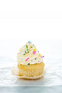 This is an easy recipe for one dozen gluten free vanilla cupcakes. These homemade gluten free cupcakes are way better than store-bought cake mix and the cupcakes are light and moist! Make this gluten free vanilla cupcake recipe for your next birthday party, classroom party, bake sale, or whenever you feel like having a good vanilla cupcake! Gluten free cupcake recipe from @whattheforkblog - visit whattheforkfoodblog.com for more gluten free desserts! #glutenfree #cupcakes #cupcake #birthdaycake