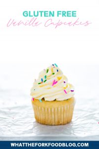 This is an easy recipe for one dozen gluten free vanilla cupcakes. These homemade gluten free cupcakes are way better than store-bought cake mix and the cupcakes are light and moist! Make this gluten free vanilla cupcake recipe for your next birthday party, classroom party, bake sale, or whenever you feel like having a good vanilla cupcake! Gluten free cupcake recipe from @whattheforkblog - visit whattheforkfoodblog.com for more gluten free desserts! #glutenfree #cupcakes #cupcake #birthdaycake