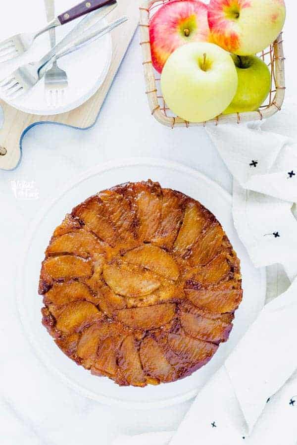 Gluten Free Apple Upside Down Cake on a white plate