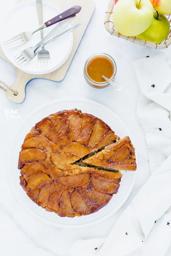 Gluten Free Apple Upside Down Cake with a slice cut