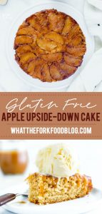 This Gluten Free Apple Upside Down Cake makes the most of fresh apples. It’s definitely a Fall dessert you need to try this Thanksgiving. Moist and tender cake is covered with buttery caramelized apples. Top it with vanilla ice cream and a drizzle of caramel sauce. Easy gluten free dessert recipe from @whattheforkblog - visit whattheforkfoodblog.com for more gluten free desserts! #glutenfree #applerecipes #fallbaking #cake #upsidedowncake #Thanksgiving #caramelapple