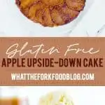 This Gluten Free Apple Upside Down Cake makes the most of fresh apples. It’s definitely a Fall dessert you need to try this Thanksgiving. Moist and tender cake is covered with buttery caramelized apples. Top it with vanilla ice cream and a drizzle of caramel sauce. Easy gluten free dessert recipe from @whattheforkblog - visit whattheforkfoodblog.com for more gluten free desserts! #glutenfree #applerecipes #fallbaking #cake #upsidedowncake #Thanksgiving #caramelapple