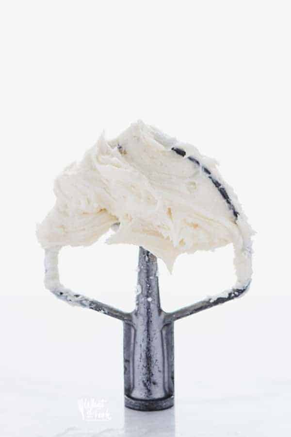 Homemade Cream Cheese Frosting recipe on a metal beater