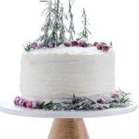 Gluten Free Gingerbread Cake on a cake stand decorated with sugared cranberries and sugared rosemary