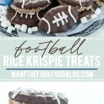 Chocolate Rice Krispies Treats are turned into Football Rice Krispie Treats for game day! They’re a chocolate treat base cut into football shapes then dipped in chocolate with white laces piped onto resemble footballs. This easy, no-bake dessert is perfect for tailgating, football parties, playoff games, and Superbowl parties. Game day desserts are the best part about game day foods so these are a must make dessert recipe! #gamedayfood #footballfood #ricekrispietreats #glutenfree #nobakedessert