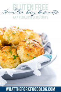These Cheddar Bay Biscuits are the gluten free version of Red Lobster Biscuits. They're a basic gluten free drop biscuit flavored with spices, herbs, and cheese. Copycat Red Lobster cheddar biscuits are simple to make at home whenever the craving strikes. If you’re tired of mediocre gluten free biscuit recipes, try this one and others from @whattheforkblog - you won’t be disappointed with flavor and texture like regular biscuits. Visit whattheforkfoodblog.com for more #glutenfree #biscuits