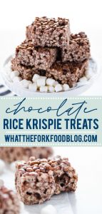 Classic Gluten Free Rice Krispies Treats with a twist - Chocolate Rice Krispie Treats made with chocolate rice cereal! They're so easy to make and have such a great gooey marshmallow to cereal ratio - they're simply addicting! Easy gluten free no-bake dessert recipe from @whattheforkblog visit whattheforkfoodblog.com for more gluten free desserts! Make them thick in a 9x9 pan or make thinner ones in a 9x13 pan - your choice! This is a simple dessert to make that’s perfect for any occasion.