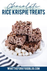 Classic Gluten Free Rice Krispies Treats with a twist - Chocolate Rice Krispie Treats made with chocolate rice cereal! They're so easy to make and have such a great gooey marshmallow to cereal ratio - they're simply addicting! Easy gluten free no-bake dessert recipe from @whattheforkblog visit whattheforkfoodblog.com for more gluten free desserts! Make them thick in a 9x9 pan or make thinner ones in a 9x13 pan - your choice! This is a simple dessert to make that’s perfect for any occasion.