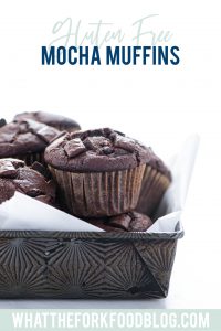 Gluten Free Mocha Muffins are chocolate muffins loaded with chocolate chips and flavored with coffee. Bakery Style Mocha Chip Muffins are a great breakfast option because they can be made ahead and frozen. These easy muffins are simple to make and can be made quickly. There’s a dairy free option too! Gluten free muffin recipe from @whattheforkblog - visit whattheforkfoodblog.com for more gluten free breakfast recipes! #glutenfree #chocolate #mocha #muffins #breakfast #glutenfreebaking