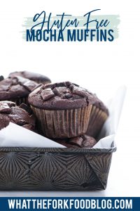 Gluten Free Mocha Muffins are chocolate muffins loaded with chocolate chips and flavored with coffee. Bakery Style Mocha Chip Muffins are a great breakfast option because they can be made ahead and frozen. These easy muffins are simple to make and can be made quickly. There’s a dairy free option too! Gluten free muffin recipe from @whattheforkblog - visit whattheforkfoodblog.com for more gluten free breakfast recipes! #glutenfree #chocolate #mocha #muffins #breakfast #glutenfreebaking